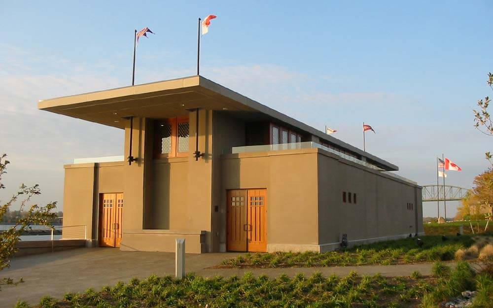 The Fontana Rowing Boathouse, initially designed by Frank Lloyd Wright more than a century ago, was completed in 2007 on Buffalo’s waterfront. 