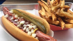 A hotdog and fries at Frank's